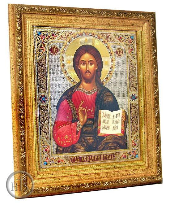 HolyTrinityStore Image - Christ the Teacher, Framed Orthodox Icon with Crystals & Glass