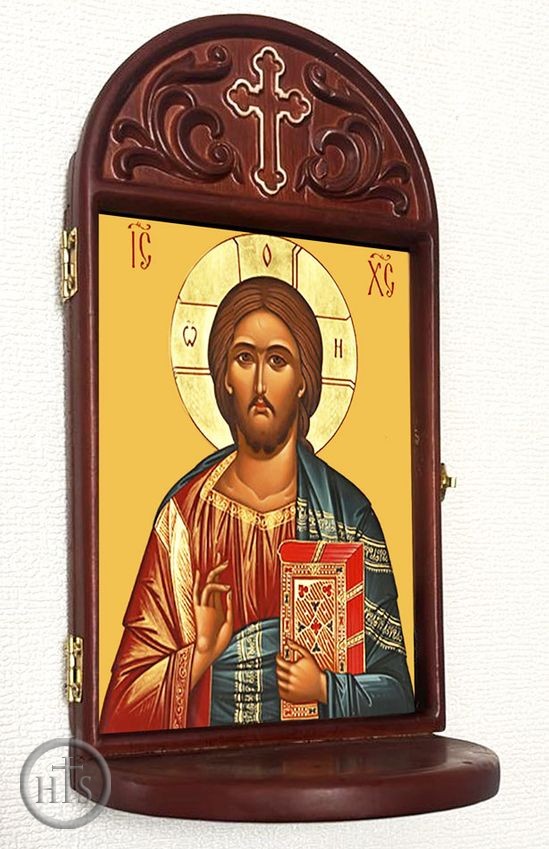 HolyTrinity Pic - Christ The Teacher Icon in Wooden Shrine With Shelf 