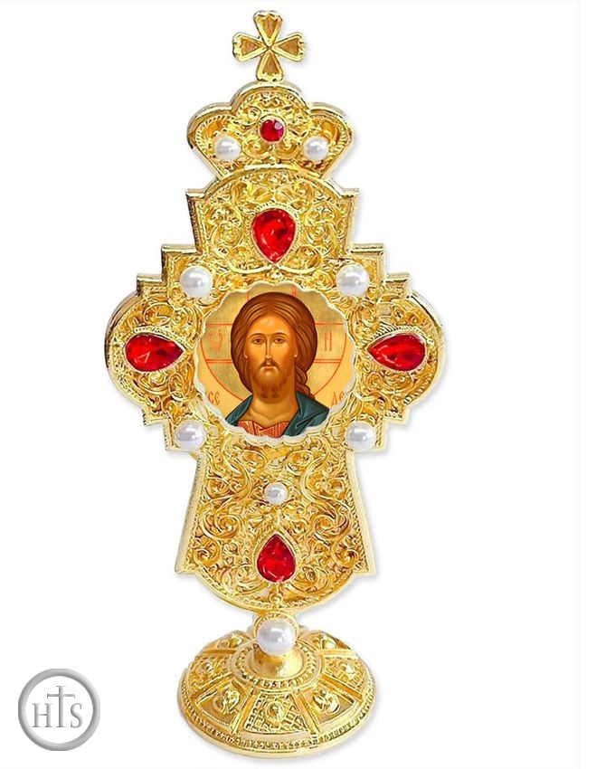 Picture - Christ The Teacher, Jeweled Standing Cross, 7 Inch