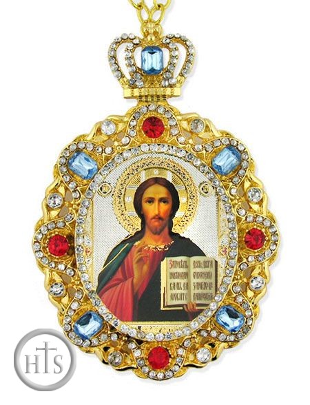 HolyTrinityStore Picture - Christ The Teacher, Jeweled  Icon Pendant with Chain