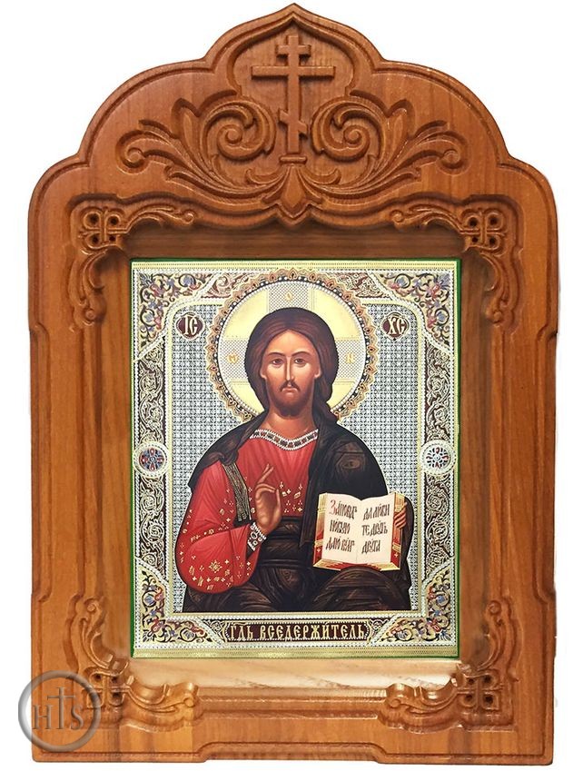 HolyTrinityStore Picture - The Christ Pantocrator,  Icon in Wooden Shrine with Glass