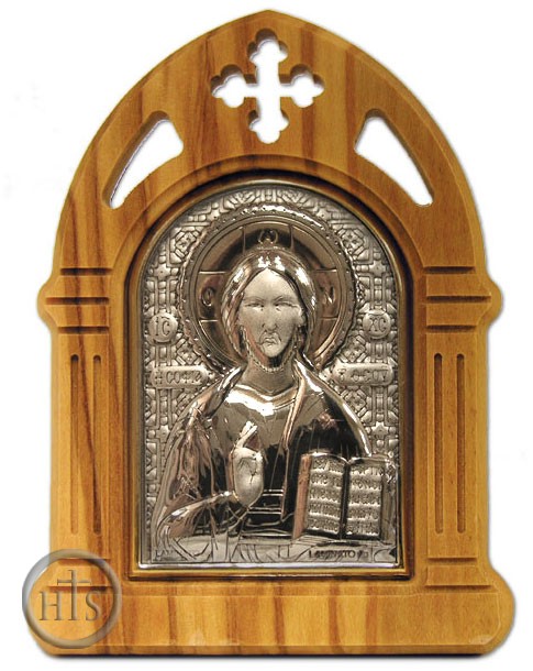 Product Photo - Christ the Teacher, Silver Icon in Olive Wood Arched  Frame