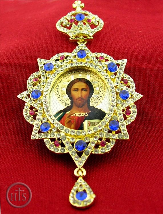 Picture - Christ The Teacher, Panagia Style Icon Ornament With Stones and Chain 