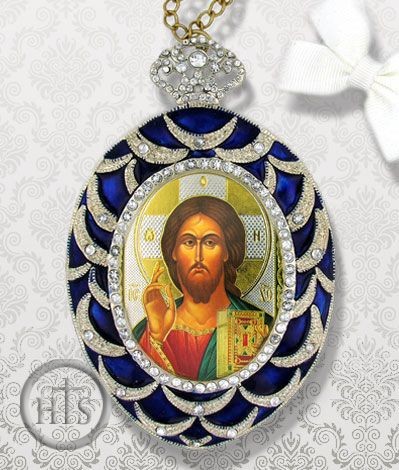 HolyTrinityStore Picture - Christ The Teacher, Egg Shaped Ornament Icon, Blue