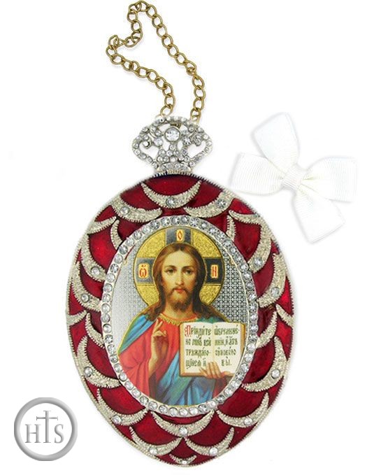 HolyTrinityStore Picture - Christ The Teacher, Egg Shaped Ornament Icon, Red