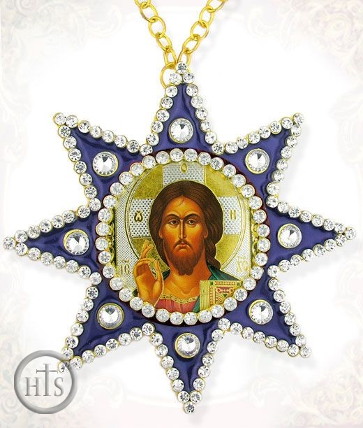 HolyTrinityStore Picture - Christ the Teacher, Ornament Icon Pendant with Chain, Blue