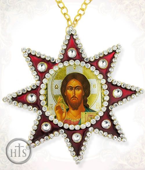 Picture - Christ the Teacher, Ornament Icon Pendant with Chain, Red