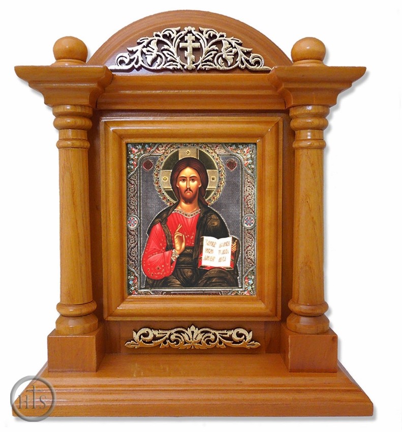 Pic - Christ The Teacher, Kiot  Icon  in Wood Shrine with Glass