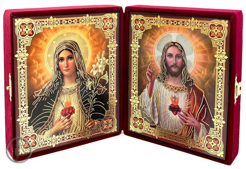 Product Photo - Sacred Hearts of Jesus and Virgin Mary, Diptych in Velvet Case