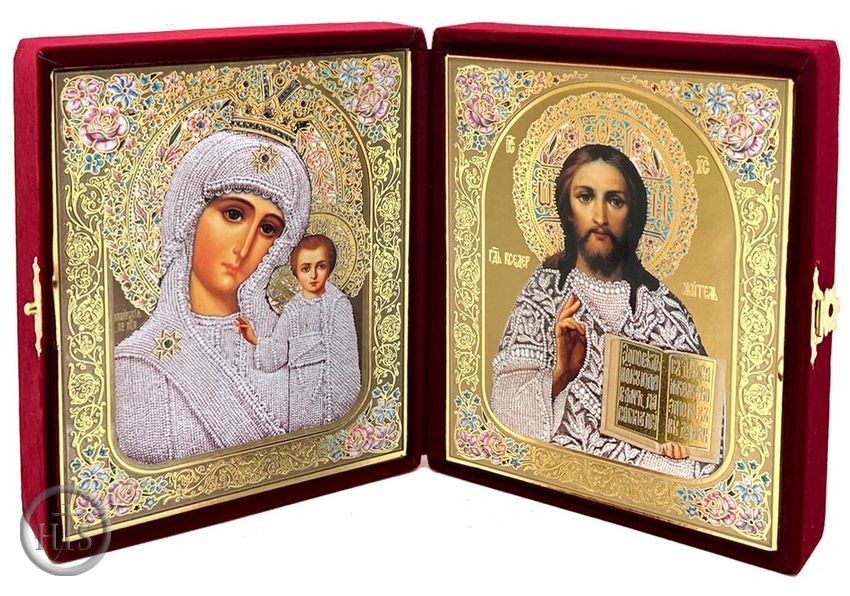 HolyTrinityStore Picture - Christ the Teacher / Virgin of Kazan, Diptych in Red Velvet Case