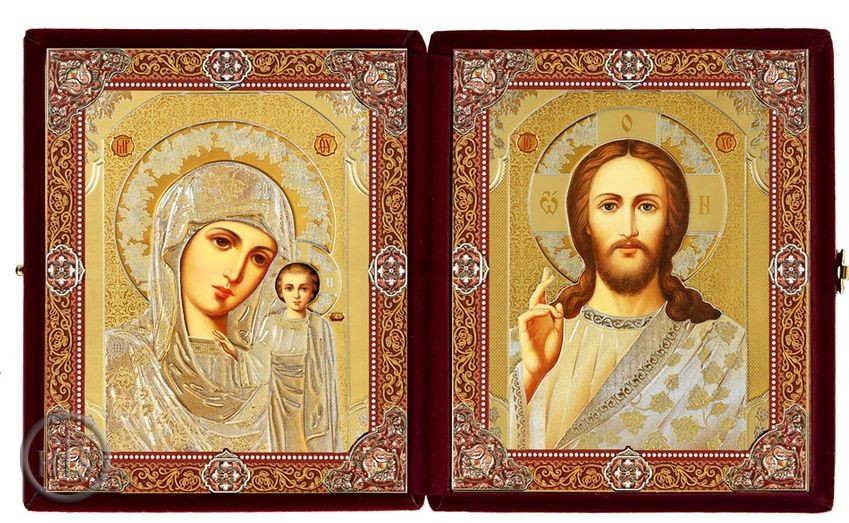 HolyTrinityStore Photo - Christ the Teacher / Virgin of Kazan, Diptych in Red Velvet Case