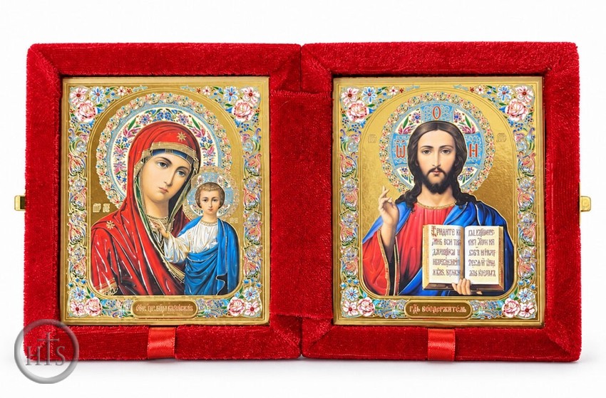 Product Picture - Christ the Teacher / Virgin of Kazan, Icon Diptych in Velvet Case 