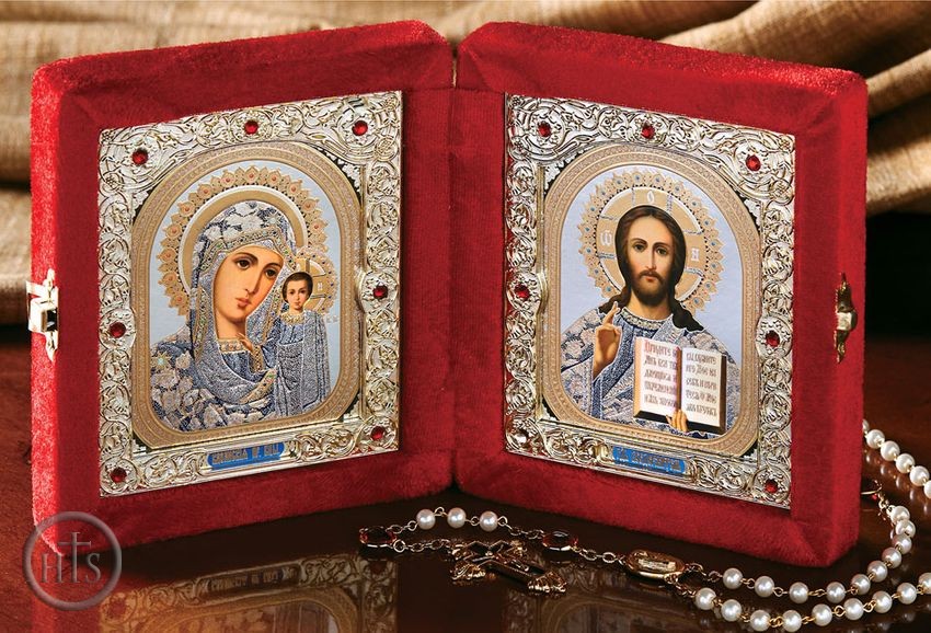 Product Pic - Christ the Teacher / Virgin of Kazan,  Icon Diptych in Velvet Case 