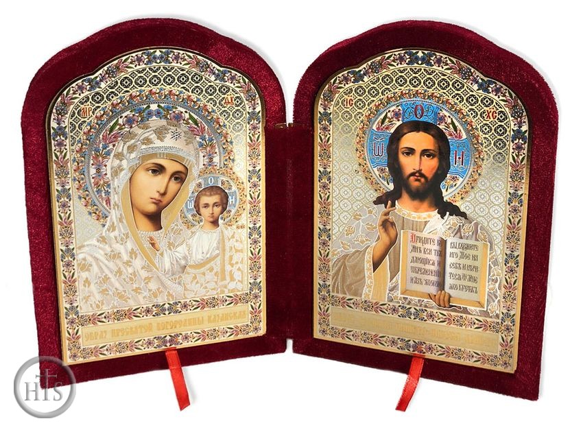 HolyTrinityStore Image - Christ the Teacher / Virgin of Kazan,  Icon Diptych in Velvet Case 