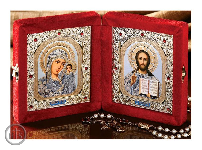 HolyTrinityStore Picture - Christ the Teacher / Virgin of Kazan,  Icon Diptych in Velvet Case 