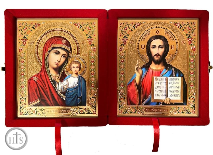 Product Picture - Christ the Teacher / Virgin of Kazan,  Icon Diptych in Red Velvet Case 