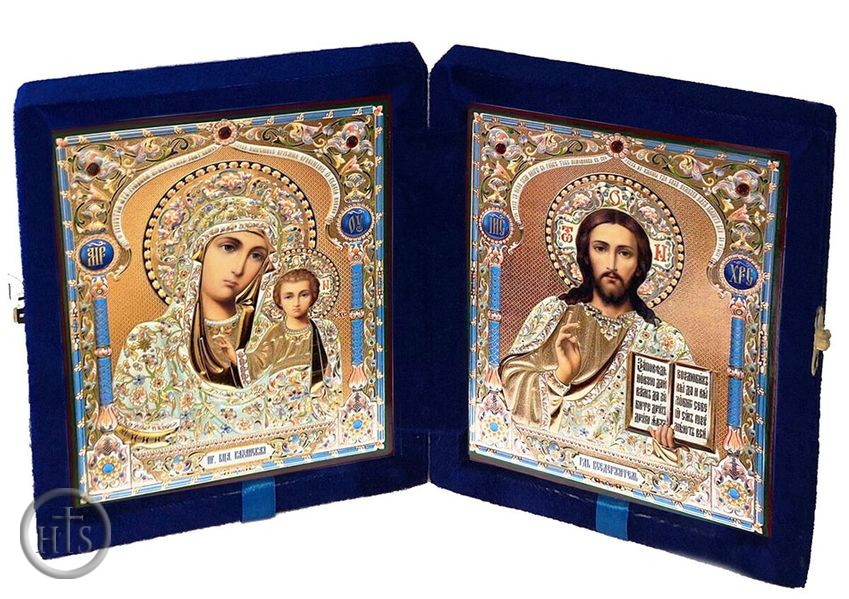 HolyTrinityStore Image - Christ the Teacher / Virgin of Kazan,  Icon Diptych in Blue Velvet Case 