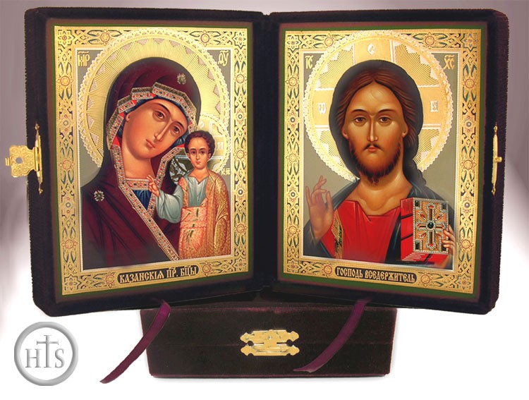 HolyTrinity Pic - Christ the Teacher and Virgin of Kazan Dyptych Orthodox Christian Icons in Velvet Case