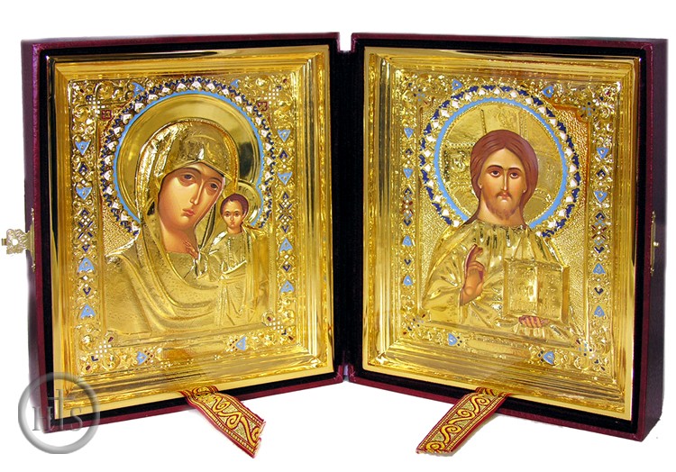 Image - The Christ / The Virgin of Kazan Wedding Icons Set, Gold Plated, Leather Case 