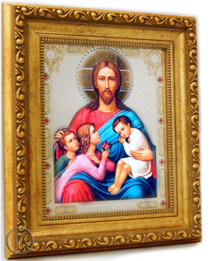 HolyTrinity Pic - Christ With Children, Gold Framed Orthodox Christian Icon with Glass