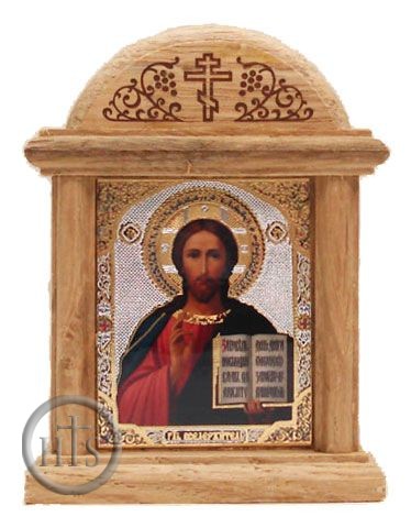 HolyTrinityStore Picture - Christ The Teacher,  Oklad Orthodox Christian Mini  Icon in Wood Shrine