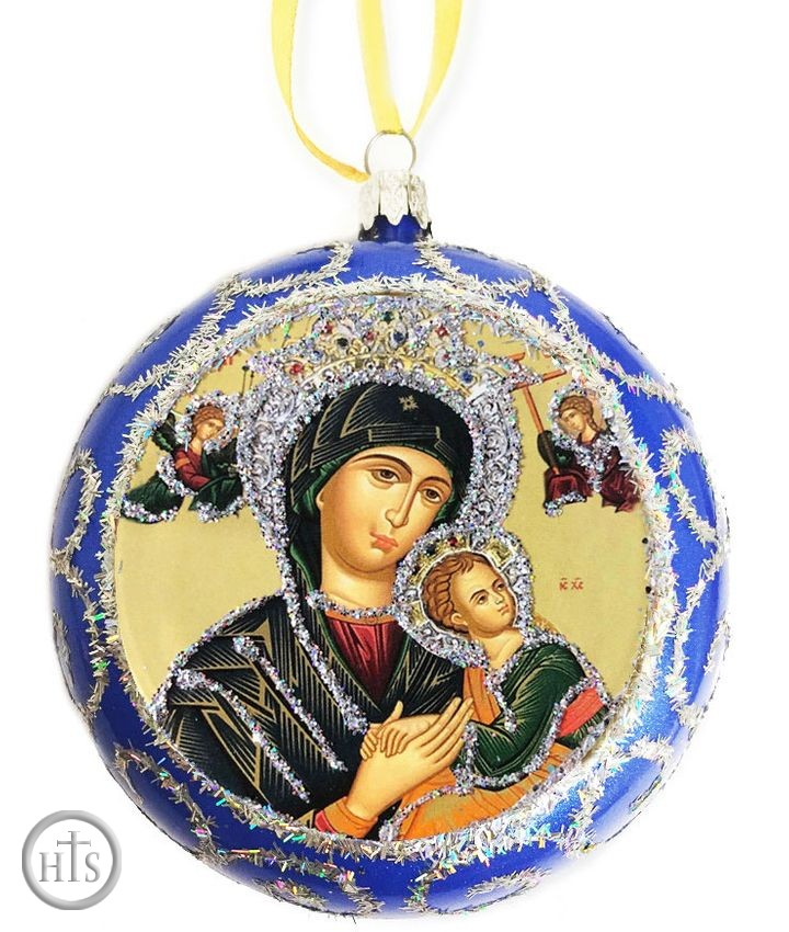 Product Pic - Virgin Mary Perpetual Help, Not Breakable Christmas Ornament, Blue
