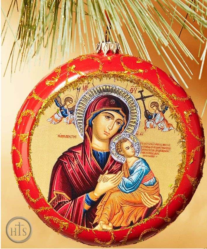 Product Picture - Virgin Mary Perpetual Help, Not Breakable Christmas Ornament, Red