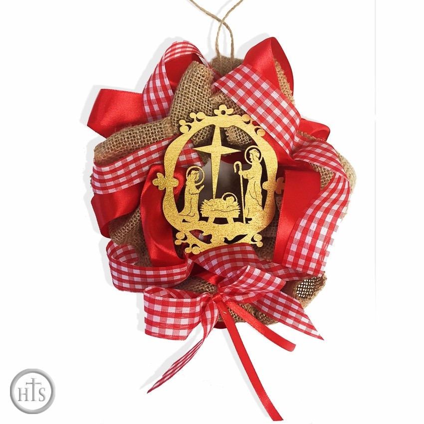 Product Image - Christmas Ornament Wreath with Wooden Nativity Scene