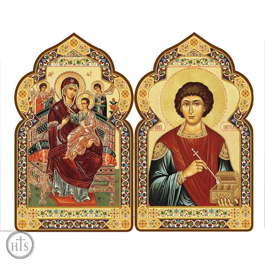 Product Pic - Virgin Mary Queen of All / St Panteleimon, Dome Shape Diptych