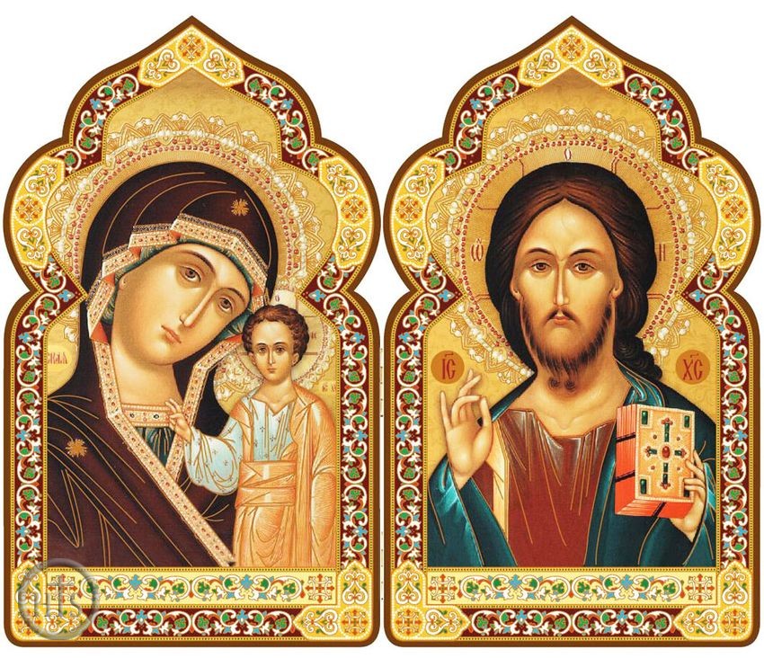 HolyTrinityStore Picture - Virgin of Kazan / Christ The Teacher, Dome Shape Diptych