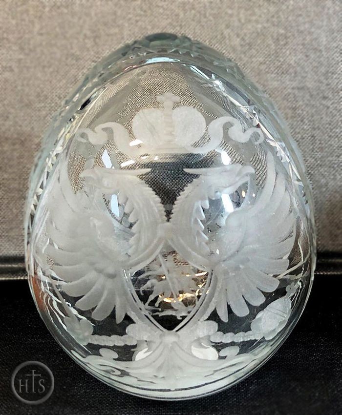 Photo - Double Headed Eagle, Faberge Style Crystal Clear Glass Egg
