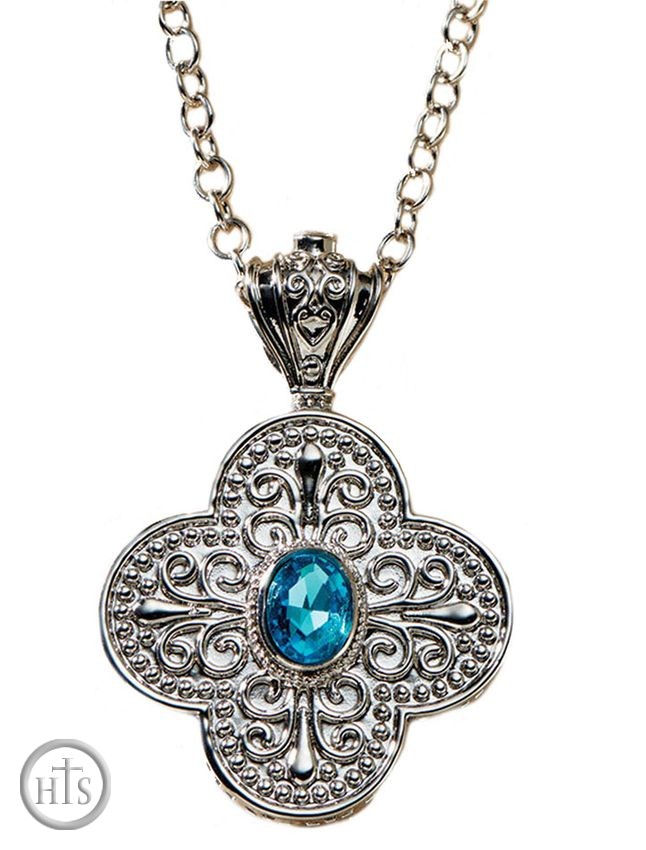 HolyTrinity Pic - Cross Necklace with Faux Blue Crystal Stone. Comes With Pouch