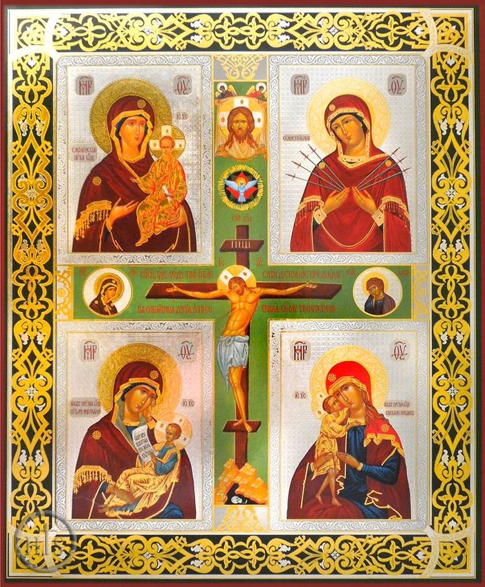 Picture - Four Theotokos Icons with Crucifix, Orthodox Christian Icon