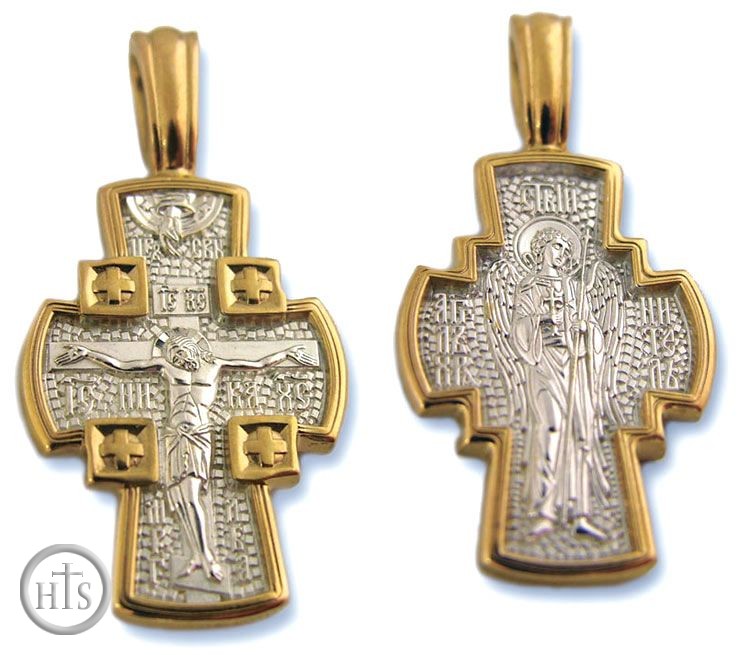 HolyTrinity Pic - Crucifixion and Guardian Angel,  Sterling Silver, Gold Plated Reversible Cross