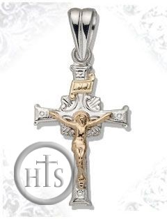 HolyTrinityStore Picture - Two Tone Sterling Silver Cross with 14kt Gold Crucifix