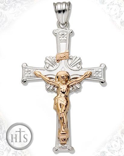 HolyTrinityStore Image - Two Tone Sterling Silver Cross with 14kt Gold Crucifix, Large