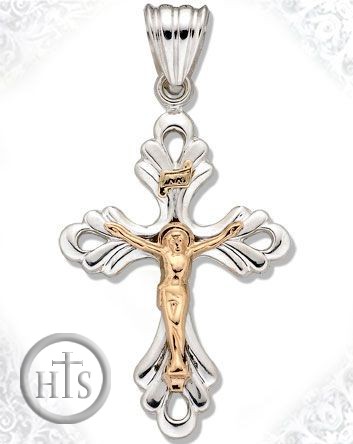 Picture - Two Tone Sterling Silver Cross with 14kt Gold Crucifix