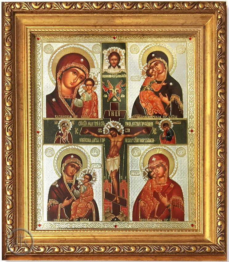 Pic - Crucifixion with 4 Icons of The Virgin Mary, Framed Icon w/ Glass & Crystals