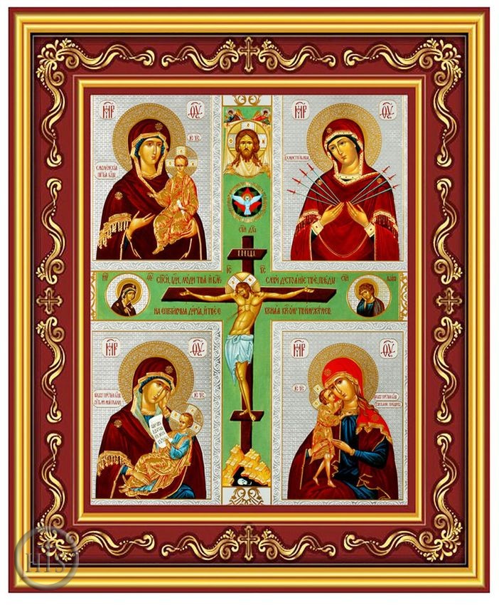 Picture - Crucifixion and 4 Virgin Mary\'s Icons, Orthodox Icon in Frame 