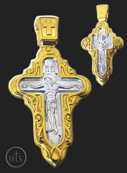 HolyTrinityStore Picture - Engraved Reversible Cross:  Crucifixion / Protection of the Mother of God
