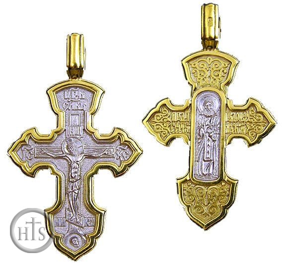 Image - Crucifixion & Sergey Radonezski  Sterling Silver, Gold Plated Reversible Cross