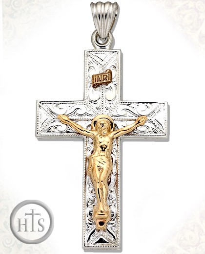 HolyTrinity Pic - Two Tone Sterling Silver Cross with 14kt Gold Crucifix, Large