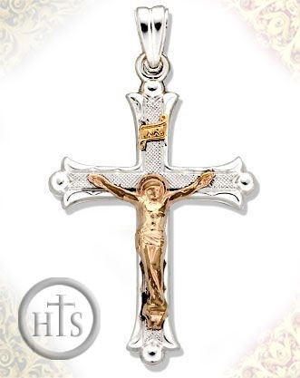 Picture - Two Tone Sterling Silver Cross with  14kt Gold Crucifix,  