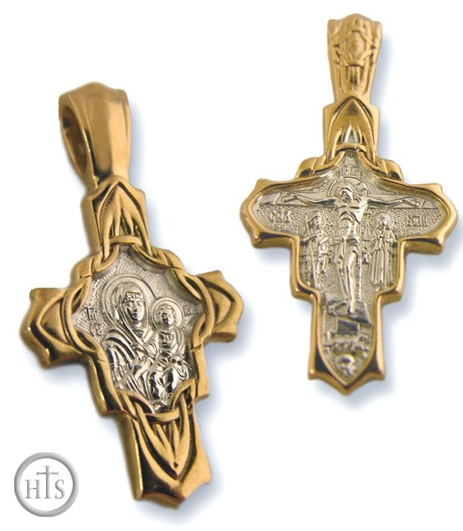 HolyTrinityStore Image - Crucifixion and Virgin Mary,  Sterling Silver, Gold Plated Reversible Cross