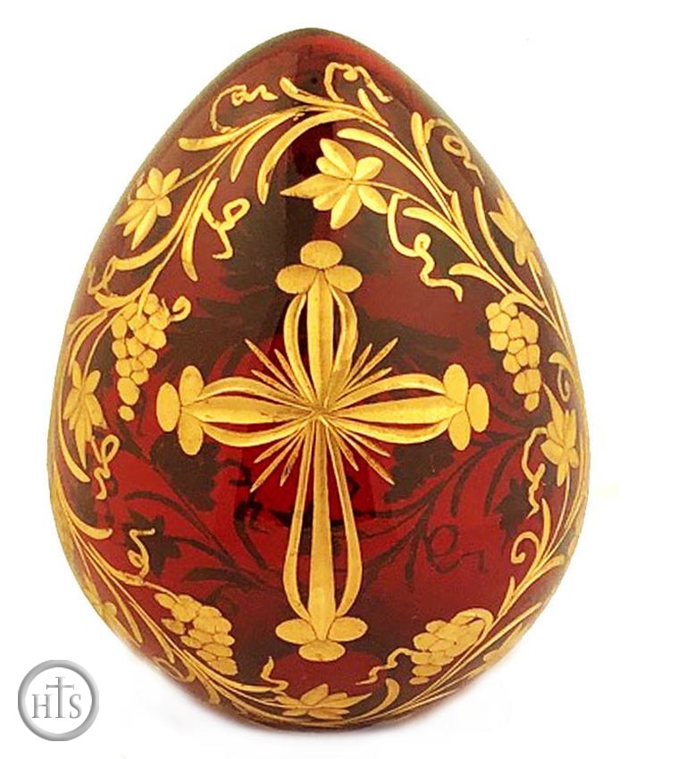 Pic - Faberge Style Crystal Egg with Cross and Flowers,  Red