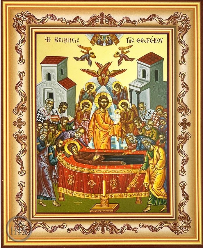 Photo - Dormition of Virgin Mary, Byzantine Icon in Frame with Stand