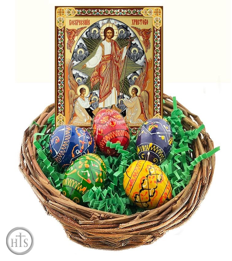 Product Photo - Set of 5 Easter Pysanky Wooden Eggs and Resurrection Icon in a Basket 