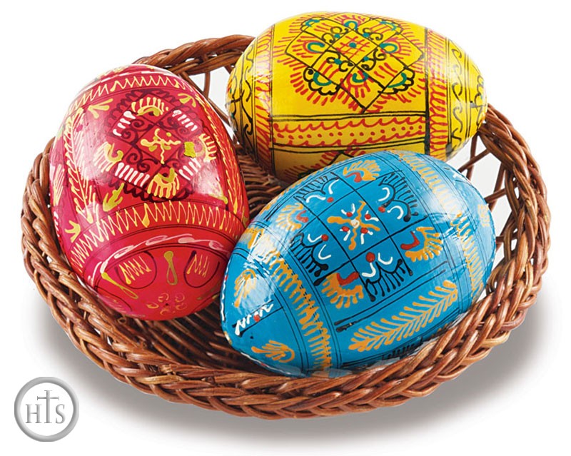 HolyTrinityStore Picture - Ukrainian Hand Painted Pysanky Eggs in Basket 
