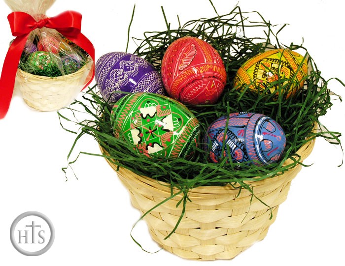 Product Picture - Pascha (Easter) Gift Basket, with 5 Hand Painted Pysanky Eggs
