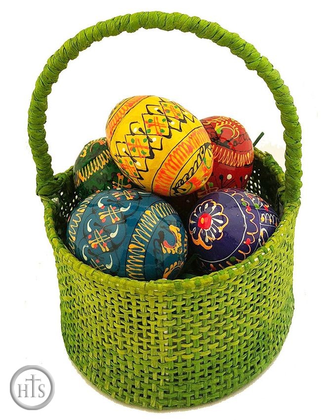 HolyTrinity Pic - Small Easter Green Basket with 5 Wooden  Mini Eggs